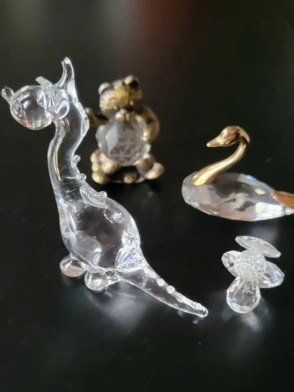 Lot of 4 Crystal miniature Figurines: Angel Swan duck Bird, Bear Dragon w/ Brass